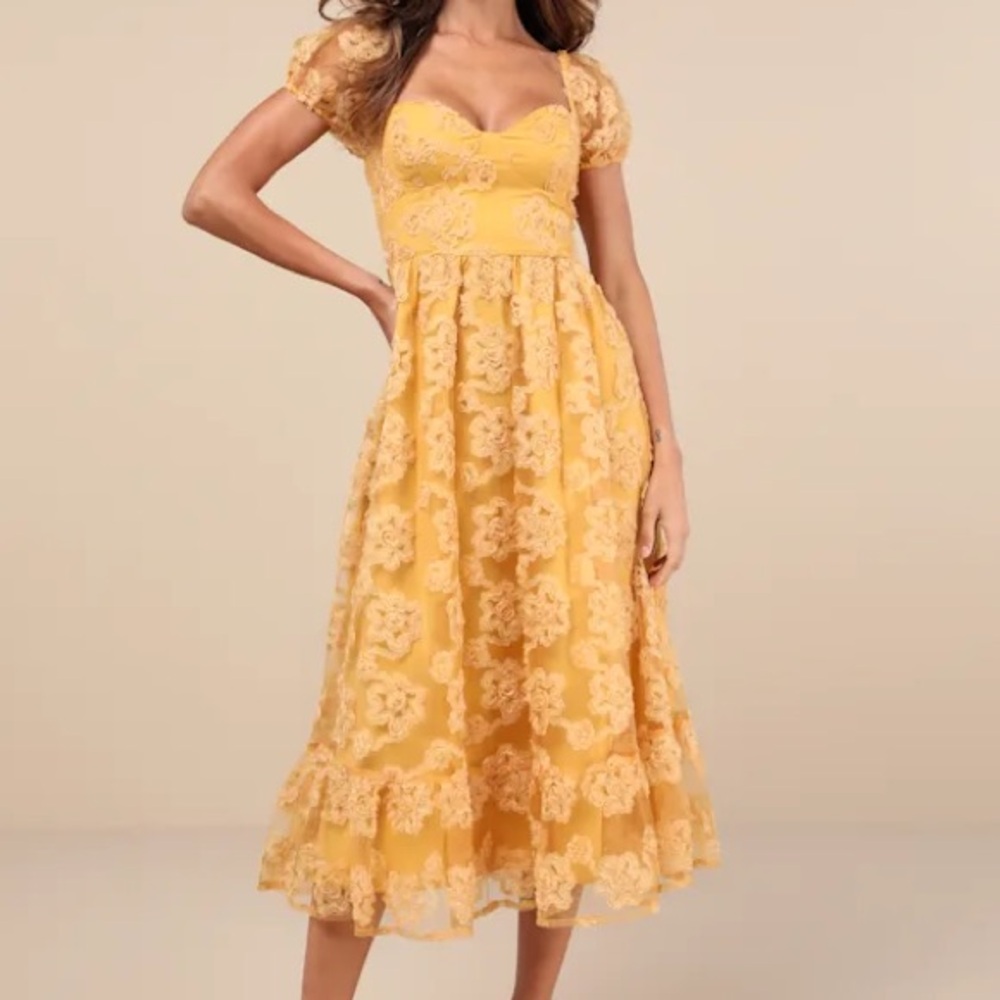 Notable Elegance Yellow Mesh Floral Applique Bustier Midi Dress